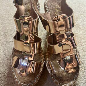 Sugar SGR Hottie Sz‎ 6.5 Cork Wedge Gold Shine Strap Adjustable Buckle S05